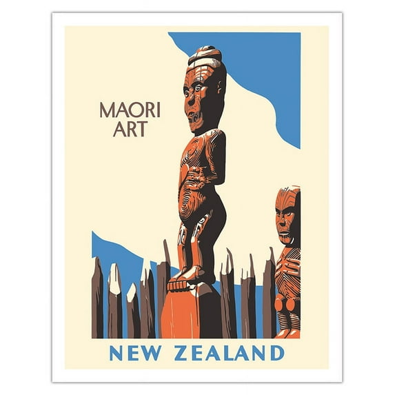 New Zealand - Maori Art - Carved Wooden Statues - Vintage Travel Poster by Marcus King c.1940 - Fine Art Matte Paper Print (Unframed) 11x14in