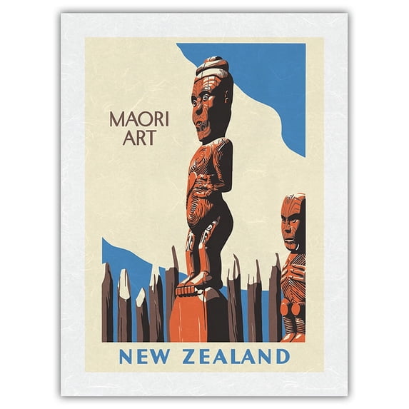 New Zealand - Maori Art - Carved Wooden Statues - Vintage Travel Poster by Marcus King c.1940 - Japanese Unryu Rice Paper Art Print 24 x 32 in