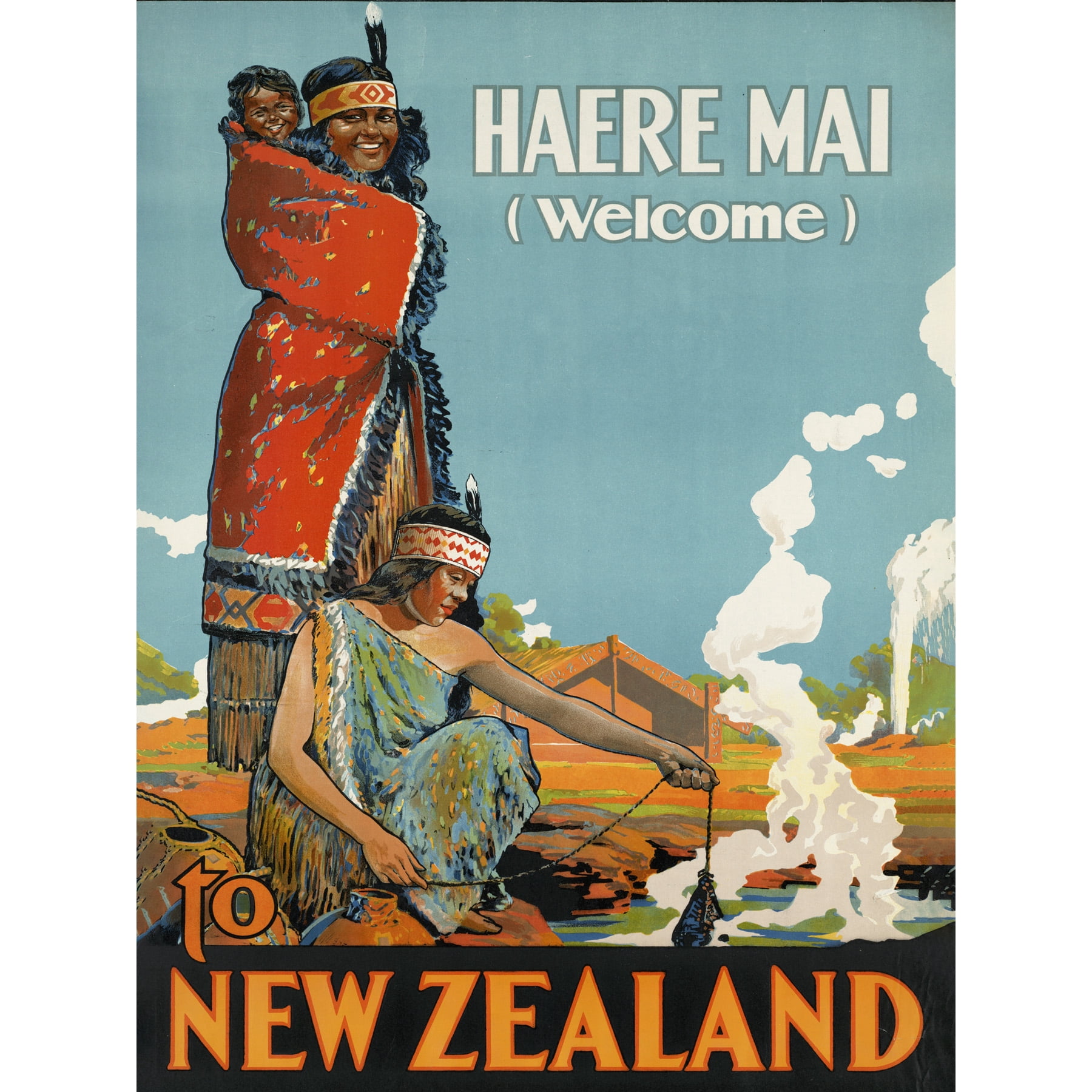 New Zealand Maori Haere Mai Welcome Vintage Travel Advert Extra Large ...