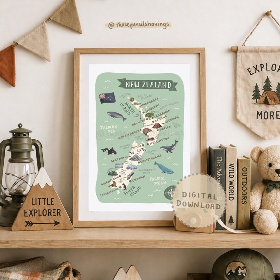 New Zealand Map Print: Illustrated Nz Landmarks & Animals , Poster Print Only