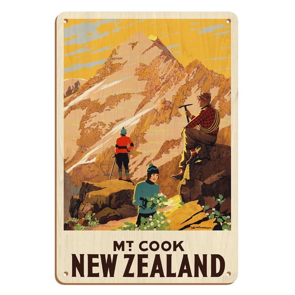 New Zealand - Mt. Cook (Aoraki) Mountain Climbers - Vintage Travel Poster by Leonard C. Mitchell c.1934 - 8 x 12 inch Vintage Wood Art Sign