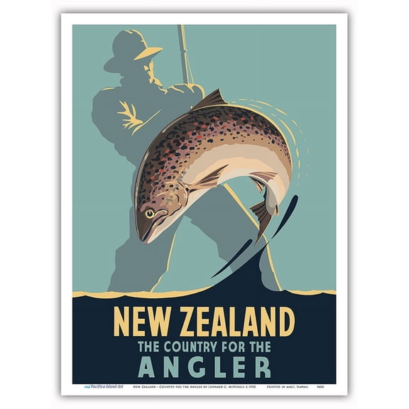 New Zealand - The Country for the Angler - Fly Fishing - Vintage Travel Poster by Leonard C. Mitchell c.1950 - Master Art Print (Unframed) 9in x 12in