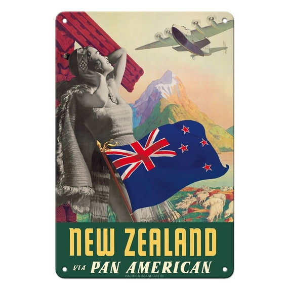 New Zealand - Via Pan American Airways - Vintage Airline Travel Poster by Paul George Lawler c.1940 - 8 x 12 inch Vintage Metal Tin Sign