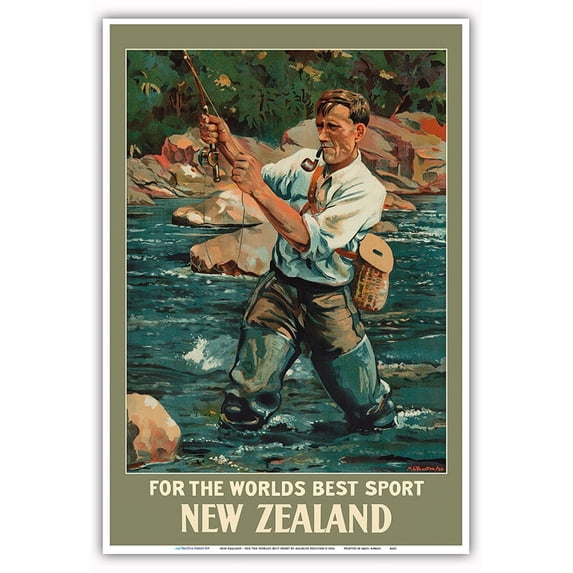 New Zealand - For the Worlds Best Sport - Trout Fly Fishing Angler - Vintage Travel Poster by Maurice Alec Poulton c.1936 - Master Art Print (Unframed) 13in x 19in