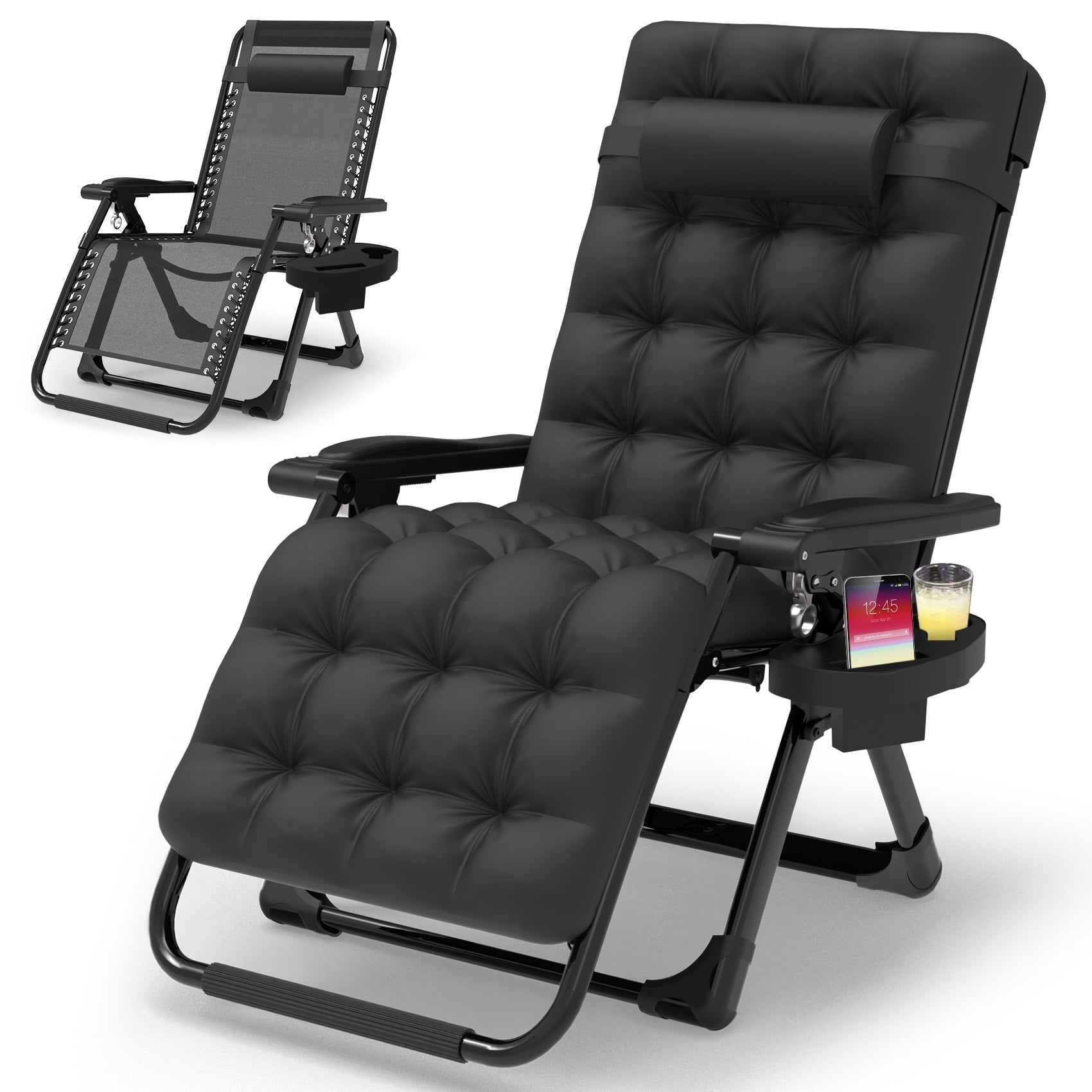 ZENPETIO Zero Gravity Chair, Reclining Camping Lounge Chair w/Removable Cushion, Upgraded Lock and Cup Holder, Reclining Patio Chairs Folding Recliner for Indoor and Outdoor