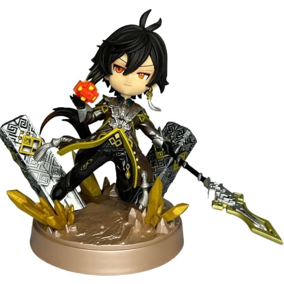 New Zhongli Figure, Q Version Fighting Zhongli Anime Figures 16cm/6.3inch Handmade Cosplay PVC Statues Collectible Souvenirs for Anime Fans Gifts