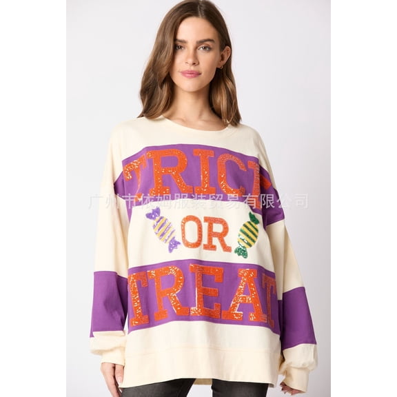 New autumn and winter European and American women's clothing Halloween letter sequin color matching sweatshirt casual tops for women