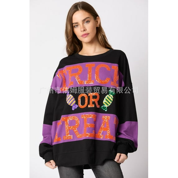 New autumn and winter European and American women's clothing Halloween letter sequin color matching sweatshirt casual tops for women