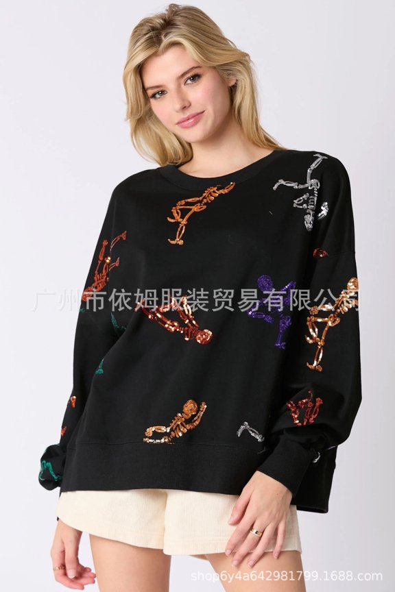 New autumn and winter women's clothing Halloween skull sequined sweatshirt loose casual tops for women