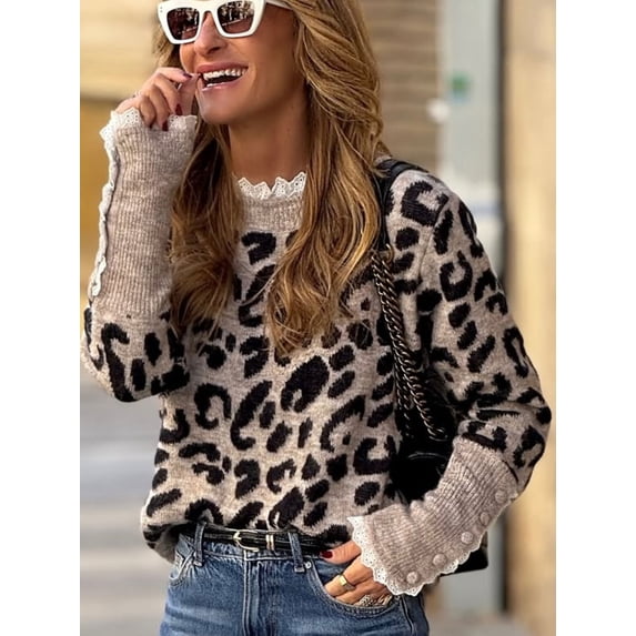 New autumn/winter leopard print sweater for women, lace trim, round neck, long sleeves, button-down pullover knitwear.