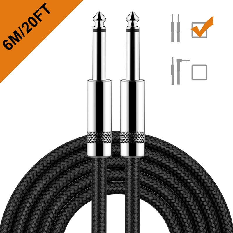 New bee 2pc 20ft Guitar Cable, 6.35mm 1/4 Inch Instrument Cable, Straight/Right Angle Plug Options for Electric Guitar, Bass, Amp & Effects Pedal, Shielded Oxygen-Free Copper Audio Cord (Black)