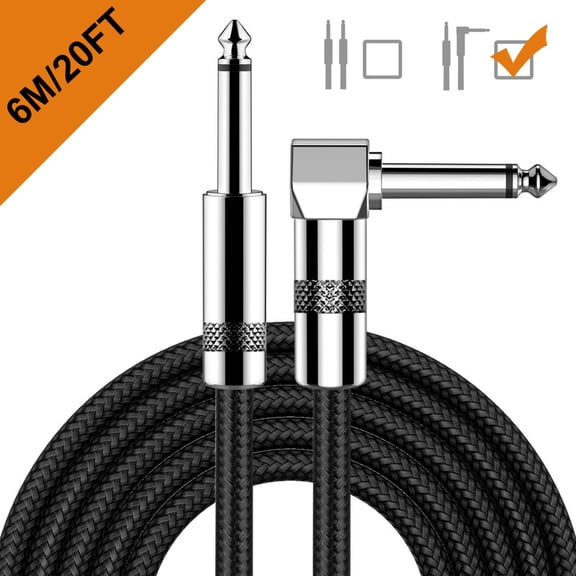 New bee Guitar cable 20 ft Electronic Instrument Bass Amplifier cable 6.35mm plug Strong Right Angle/L-shape optional compatible effect/bass/electric guitar,Black