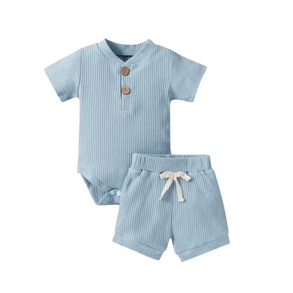 New born Baby Boy Clothes Baby Boys Summer Outfits Short Sleeve Ribbed Rompers Shorts 2Pcs Summer Clothes Sets