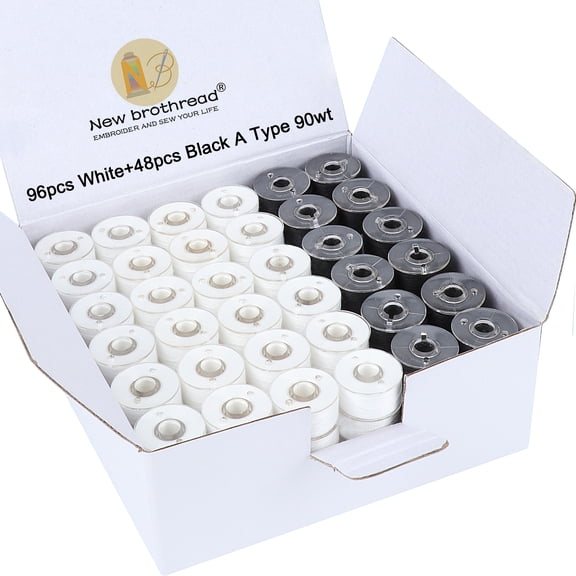 New brothread 144pcs (96White+48Black) 90WT Prewound Bobbin Thread Size A SA156