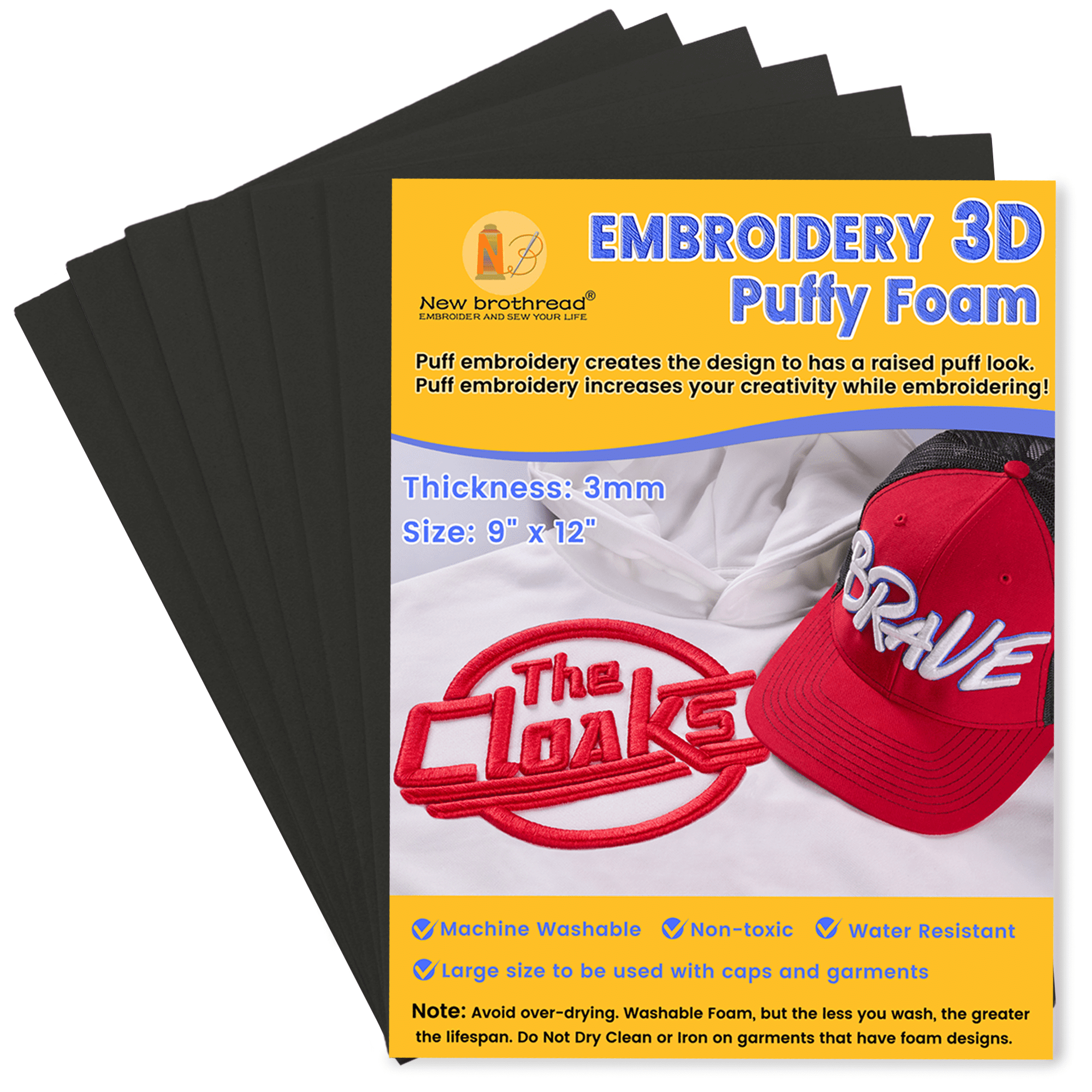 New brothread - 6 black | 6-Pack Embroidery Puff Foam Sheets 9"x12" | 3MM Thick for 3D Raised Embroidery on Hats, Apparel, Jackets, Bags & Accessories | Assorted Colors