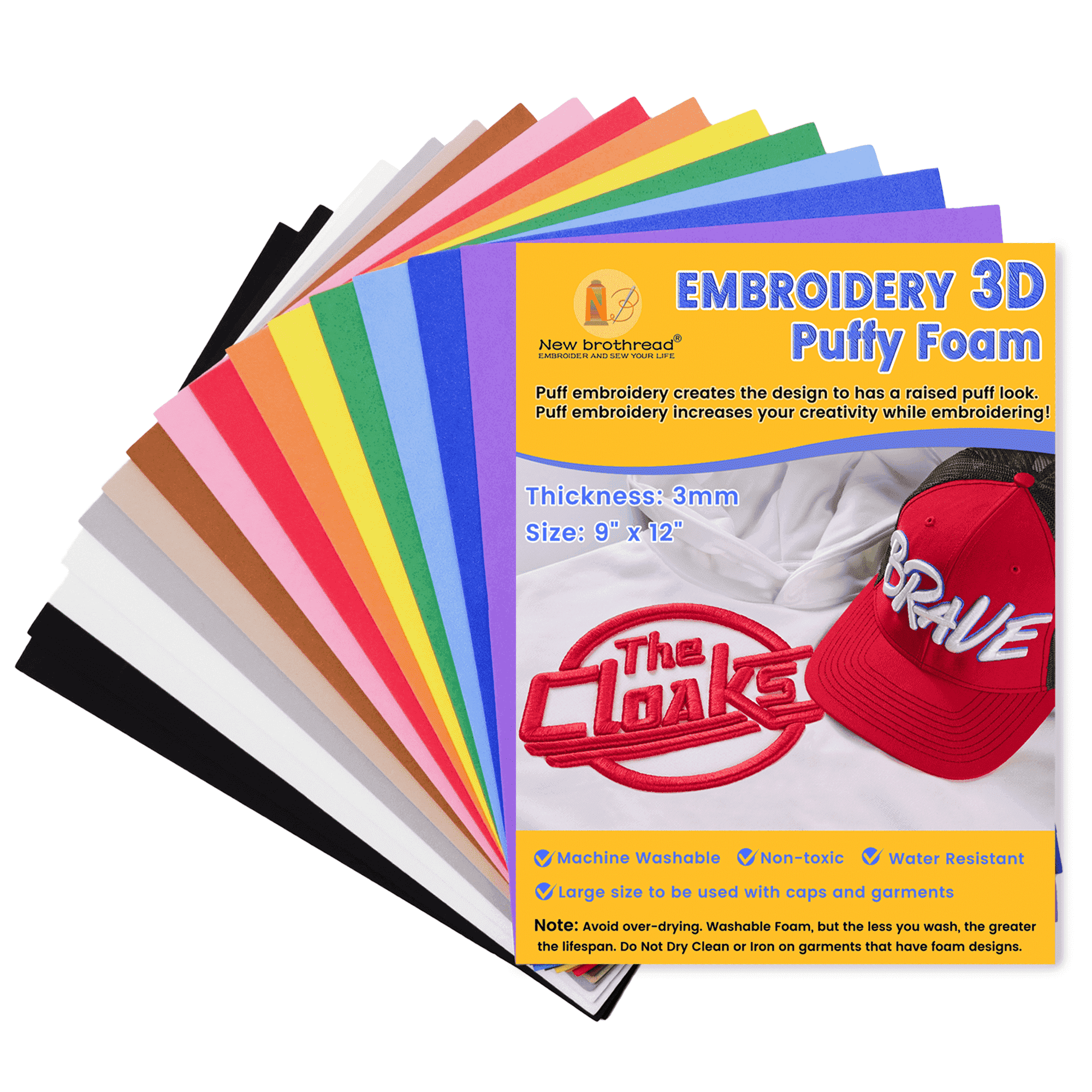 New brothread - 15 Variants | 15-Pack Embroidery Puff Foam Sheets 9"x12" | 3MM Thick for 3D Raised Embroidery on Hats, Apparel, Jackets, Bags & Accessories | Assorted Colors