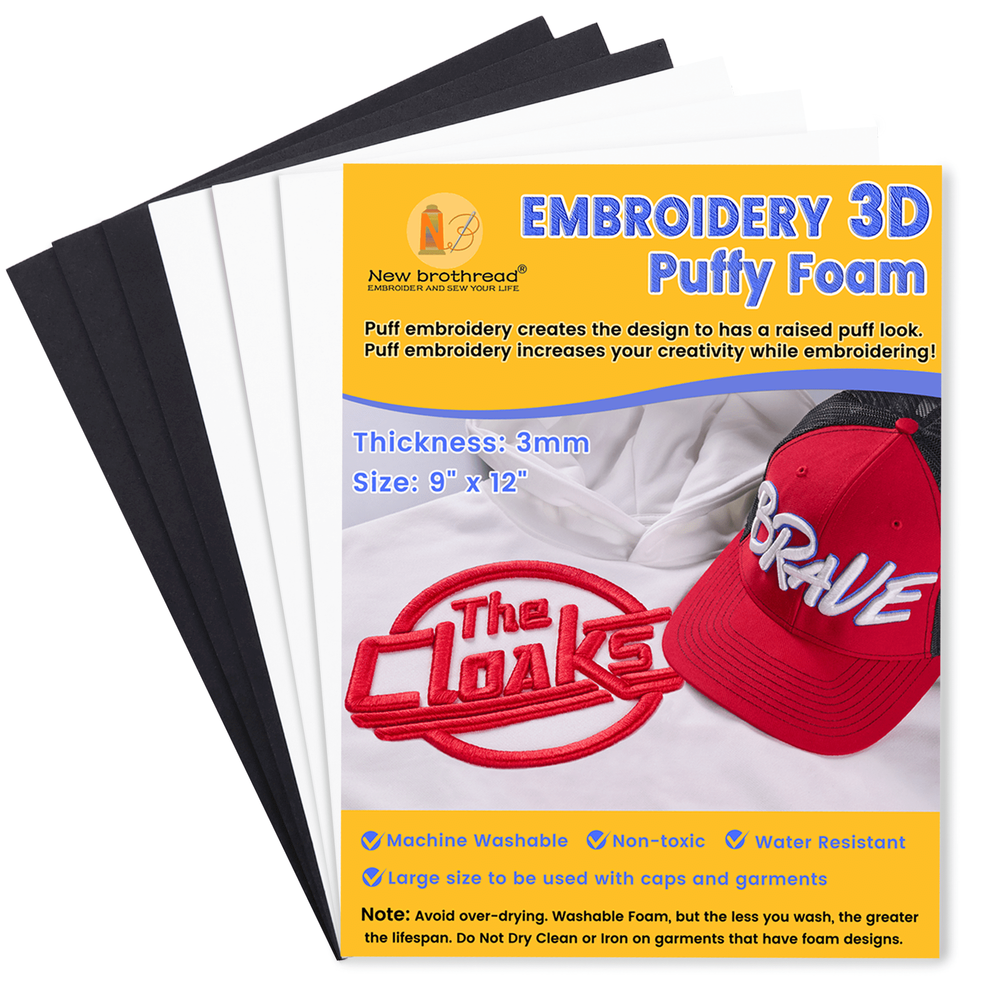 New brothread - 3white and 3black | 6-Pack Embroidery Puff Foam Sheets 9"x12" | 3MM Thick for 3D Raised Embroidery on Hats, Apparel, Jackets, Bags & Accessories | Assorted Colors