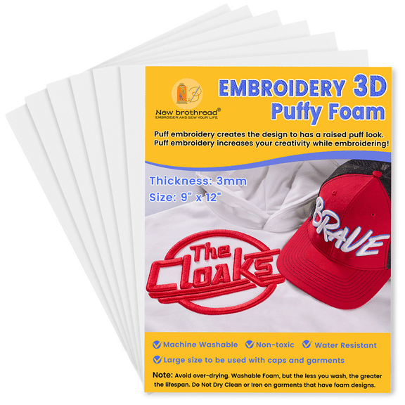 New brothread - 6 white | 6-Pack Embroidery Puff Foam Sheets 9"x12" | 3MM Thick for 3D Raised Embroidery on Hats, Apparel, Jackets, Bags & Accessories | Assorted Colors