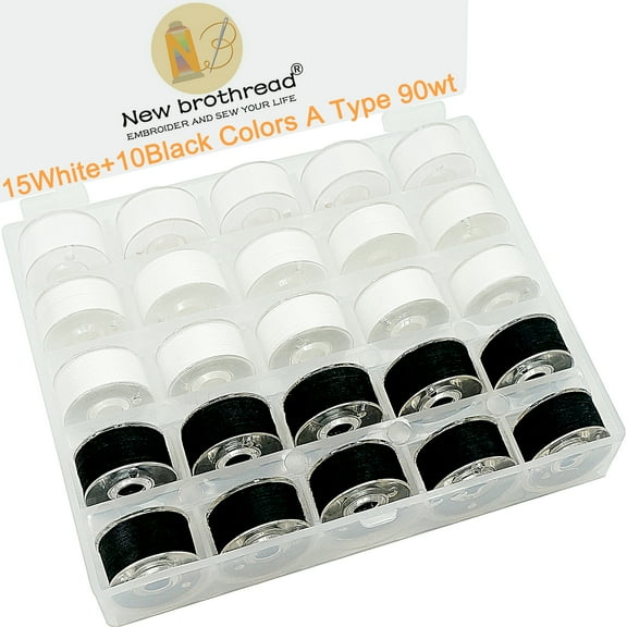 New brothread 25pcs 15White+10Black 90WT Prewound Bobbin Thread Size A SA156