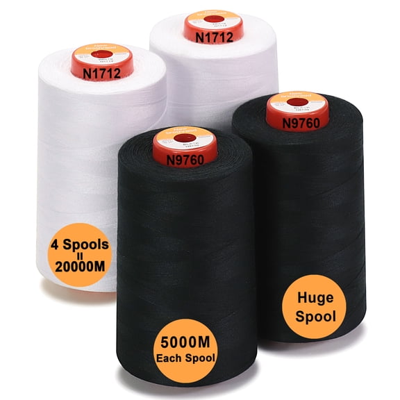 New brothread 4 Large Cones of Polyester Sewing Serger Quilting Thread - 5500Y (5000M) - 2 White + 2 Black