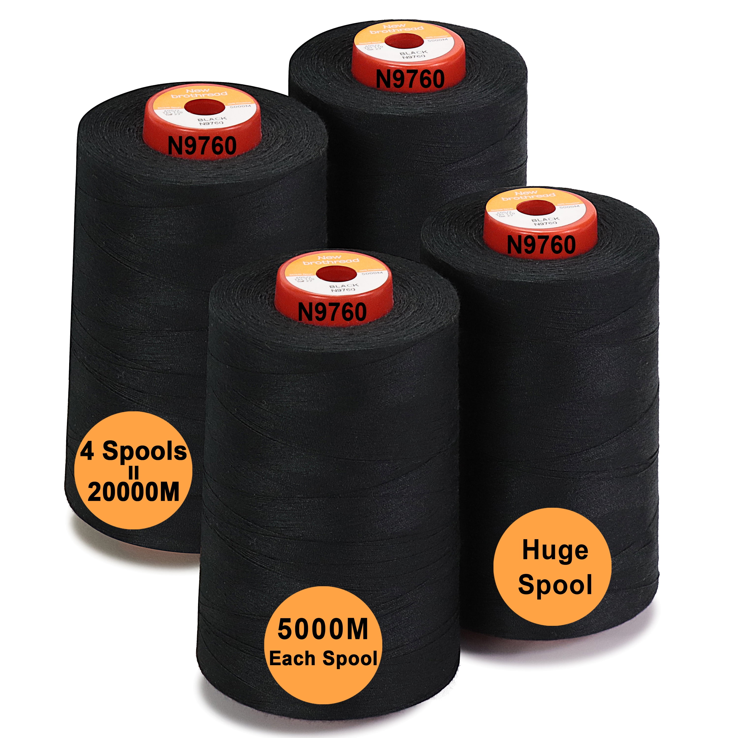 New brothread 4 Large Cones of Polyester Sewing Serger Quilting Thread - 5500Y (5000M) - Black