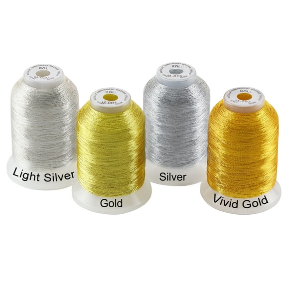 New brothread 4pcs (2 Gold+2 Silver Colors) Metallic Embroidery Machine Thread Kit 500M (550Y) Each Spool for Computerized Embroidery and Decorative Sewing