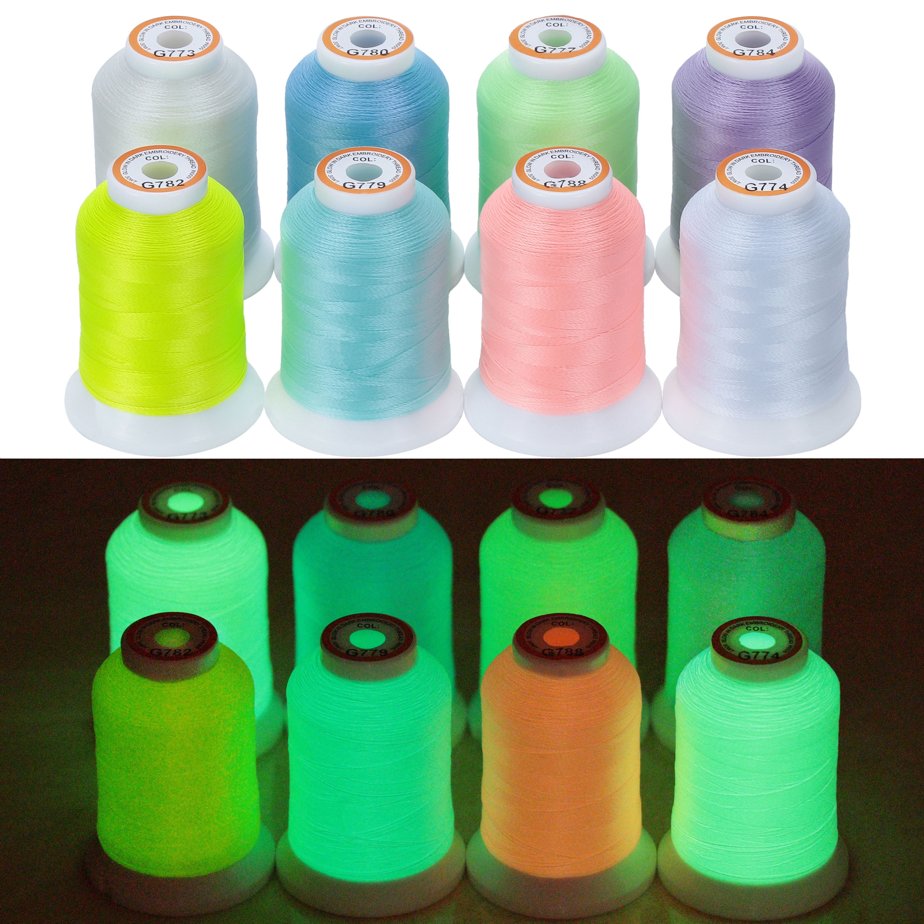 New brothread 8 Colors Luminary Glow in The Dark Embroidery Machine Thread  Kit 30WT 500M(550Y) Each Spool for Embroidery, Quilting, Sewing 