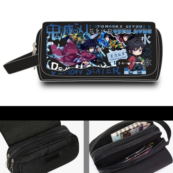 New cartoon anime Demon Slayer printed stationery box and pencil case, large-capacity double-layer student personalized graffiti flip-top pen holder, birthday gift