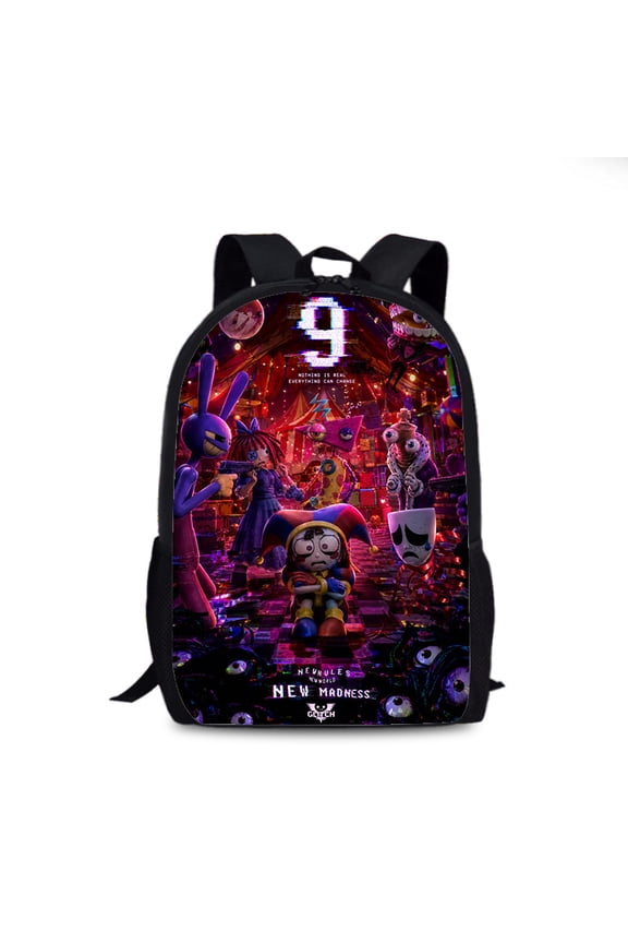 New cartoon anime cool digital fun circus 3D printed backpack, large capacity, lightweight and durable student campus sports backpack