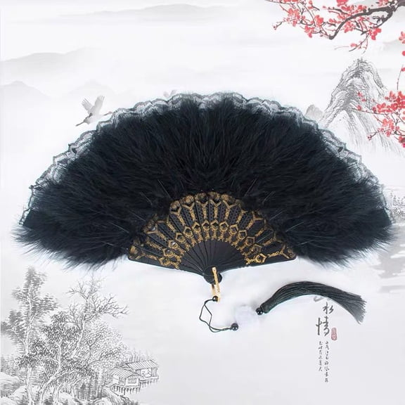 New classical dance cheongsam catwalk folding fan net celebrity retro style Hanfu lace fan ancient style black female feather fan
