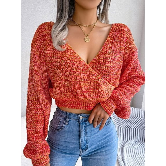 New-coming Autumn Winter Top Pull Femme Lantern Sleeve V-Neck Crop Sweater Knitted Slim Jumper Vintage Warm Korean Women's Sweat