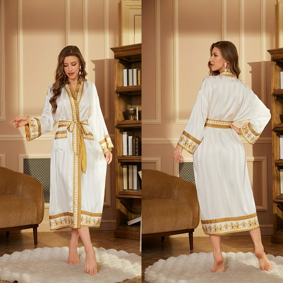 New couple's long sleeved long sleeved luxurious satin bathrobe with color blocked lace up design, soft and skin friendly