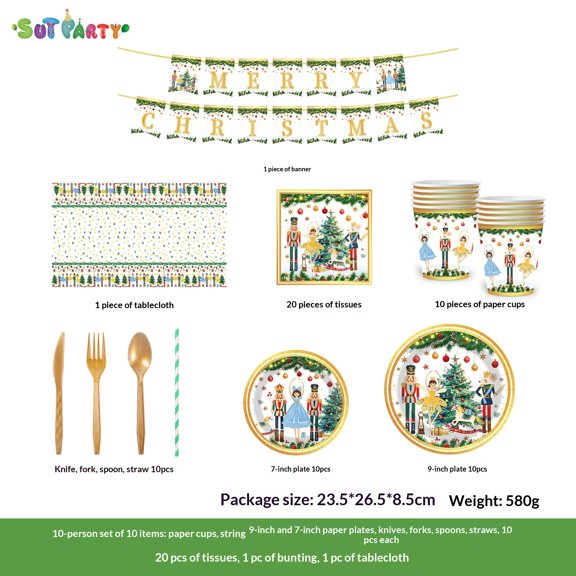 New creative Christmas-themed birthday party decorations, including banners, tablecloths, paper plates, paper cups, napkins, and tableware sets, perfect for parties and gatherings
