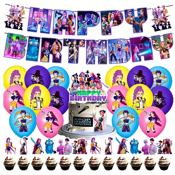 New cute cartoon pop Neon Demon Squad themed party decorations, including banner, balloons, and cake topper set, suitable for carnival parties