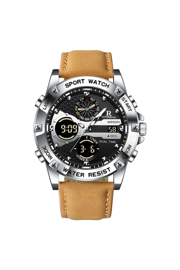 New dual-display men's leather watch, trendy waterproof electronic watch with calendar and alarm clock