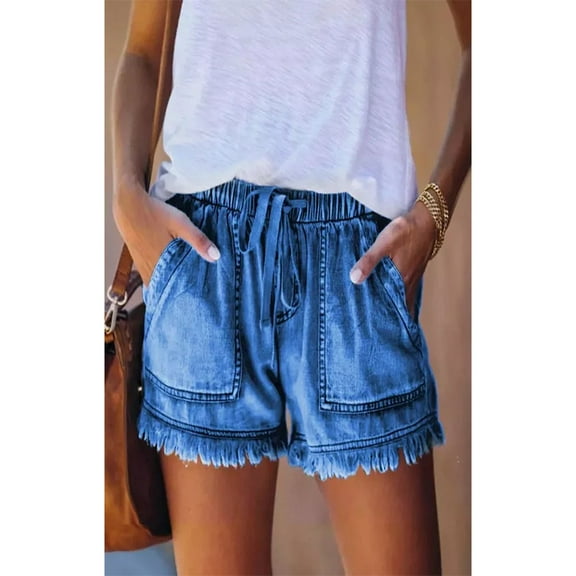 New elastic waist drawstring casual high waist slim denim shorts women