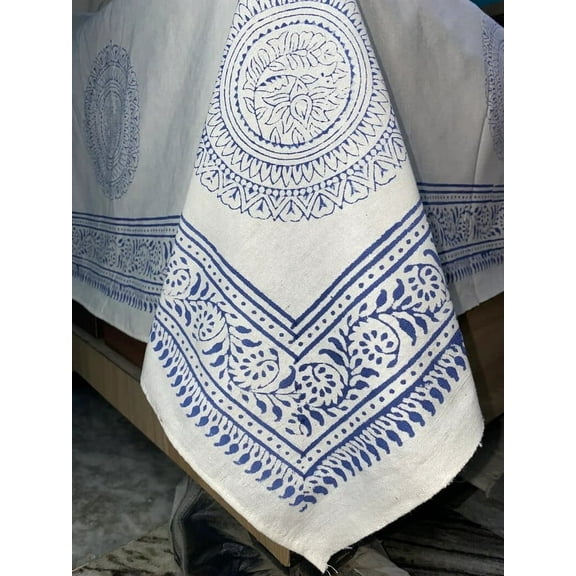 New era creation Blue vintage Hand Block Printed Cotton Tablecloth, Dining Table Cover Farmhouse Party Wedding Home Housewarming Baby Shower