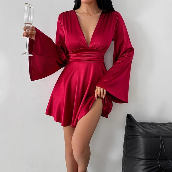 New fashion dress, elegant solid color V-neck party dress with a high-end feel and long sleeves