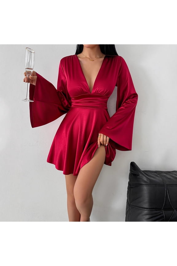 New fashion dress, elegant solid color V-neck party dress with a high-end feel and long sleeves