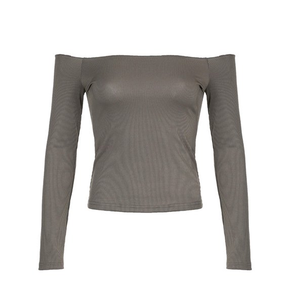 New fashionable one-shoulder sexy off-shoulder slim long-sleeved T-shirt slim solid color versatile short top-gray green-L