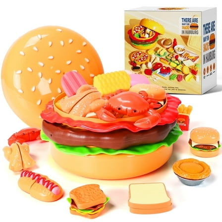 IYHN Play Food Toy for Kids Kitchen, 70pcs Cutting Pretend Toys for Toddlers, Play Kitchen Accessories with Hamburger Storage, Fake Food/Fried Chicken/Desert, Birthday Gifts for 3-5 Years Old