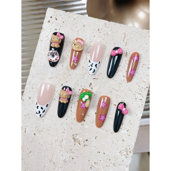 New handmade armor Japanese cartoon colored diamonds black chocolate French finished nail art patch fake nails