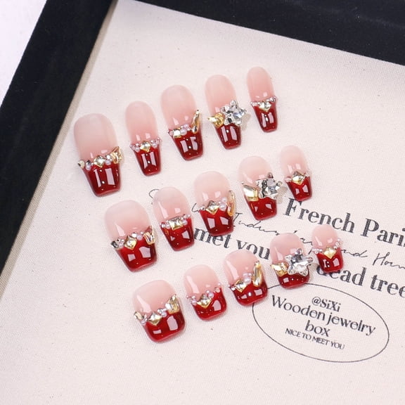 New handmade armor premium French blush full of diamonds fake nail patch light luxury cherry red