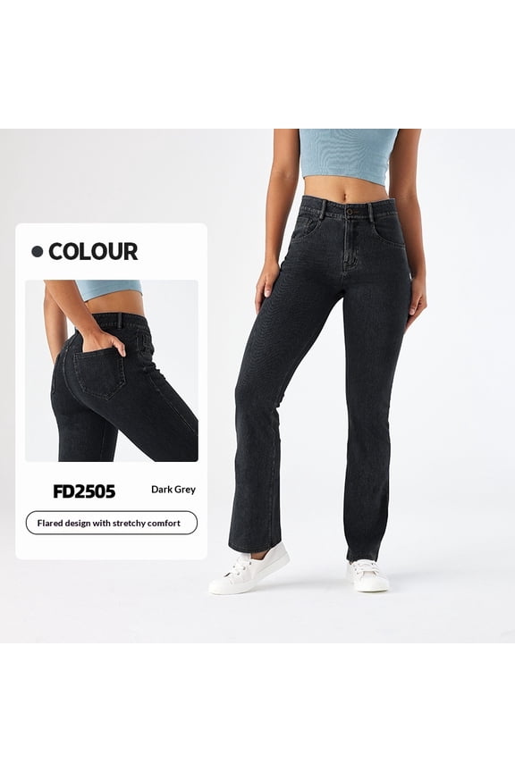 New high-elastic yoga denim bell-bottom pants for women, slimming and butt-lifting, with zipper pockets, suitable for fitness and casual wear