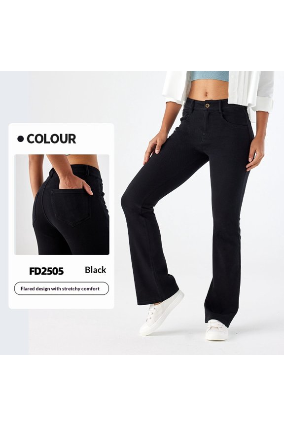 New high-elastic yoga denim bell-bottom pants for women, slimming and butt-lifting, with zipper pockets, suitable for fitness and casual wear