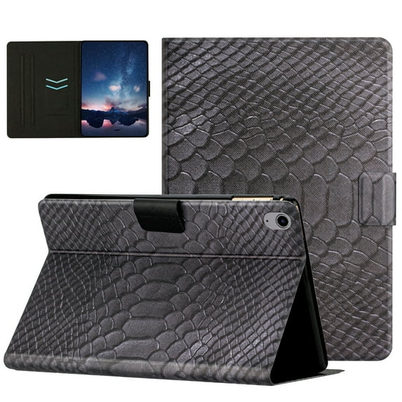 New iPad 10.9" 10th Generation Case, Allytech Crocodile Pattern Synthetic Leather Smart Auto Sleep Wake Kickstand Folio Protective Case for iPad 10th Gen 10.9 inch 2022, Black