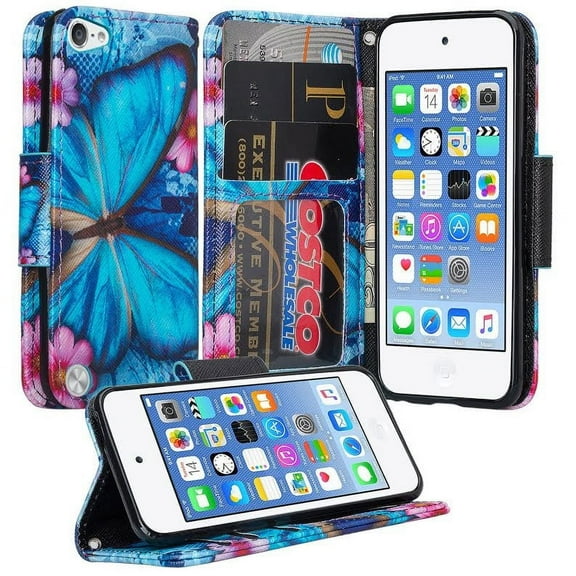 New iPod Touch 7 6 5th Generation Leather Pouch Wallet Case Cover with Card Slots - Blue Butterfly