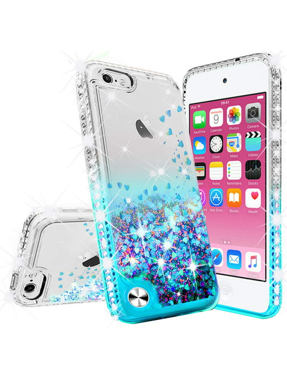 New iPod Touch 7 Case, iPod 7/6/5 Case [Tempered Glass Screen Protector],Glitter Liquid Quicksand Waterfall Bling Sparkle Diamond Case For Apple iPod Touch 5/6th/7th Generation (Clear/Aqua)