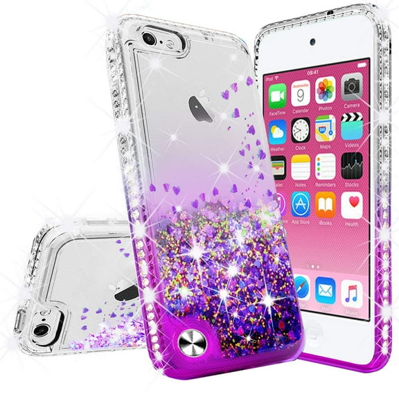 New iPod Touch 7 Case, iPod 7/6/5 Case [Tempered Glass Screen Protector],Glitter Liquid Quicksand Waterfall Bling Sparkle Diamond Case For Apple iPod Touch 5/6th/7th Generation (Clear /Purple)