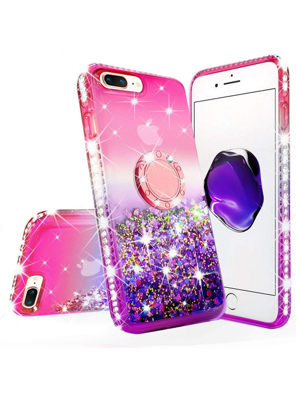 New iPod Touch Case, iPod 7/6/5 Case,Glitter Liquid Quicksand Bling Sparkle Diamond Ring Stand Case For Apple iPod Touch 5/6th/7th Generation, (Pink/Purple)